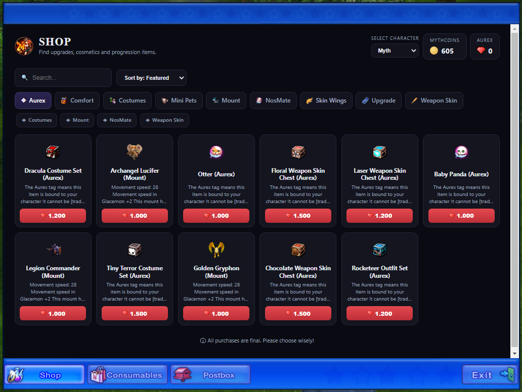 The Aurex shop on the website